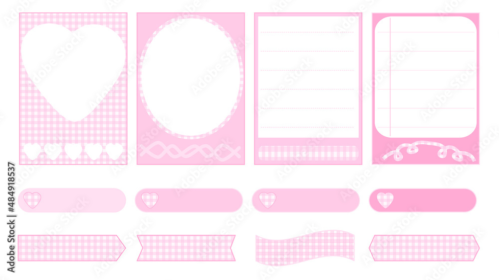 collection set of the cute pink pastel notepad, memo, planner, paper, masking tape, reminder, journal in checkered gingham. very cute, simple, and printable