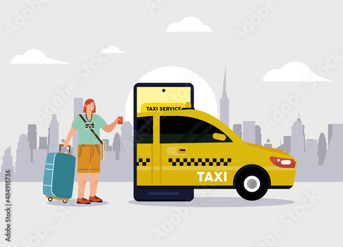 woman with taxi in smartphone