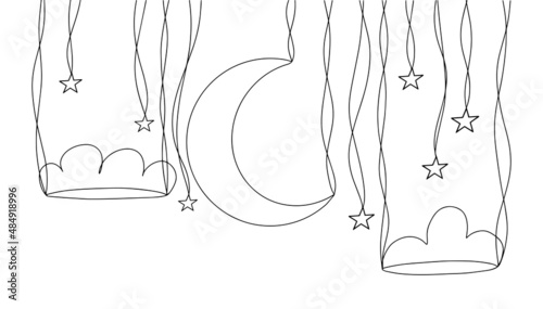 minimalist one line drawing moon and starts sky illustration in line art style