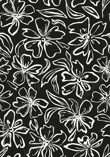 Monochrome floral drawing seamless repeat pattern. Random placed, hand drawn vector flowers with leaves outlined all over print on black background.