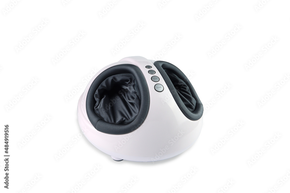 white color smart feet massage machine is on the white floor for relax massaging feet in the therapist wellness spa (clipping path included)