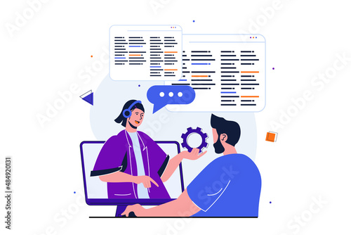 Customer service modern flat concept for web banner design. Man turned to technical support for help, personal consultant helps to solve client problem. Vector illustration with isolated people scene
