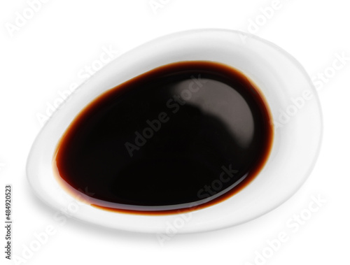 Bowl of soy sauce isolated on white, top view