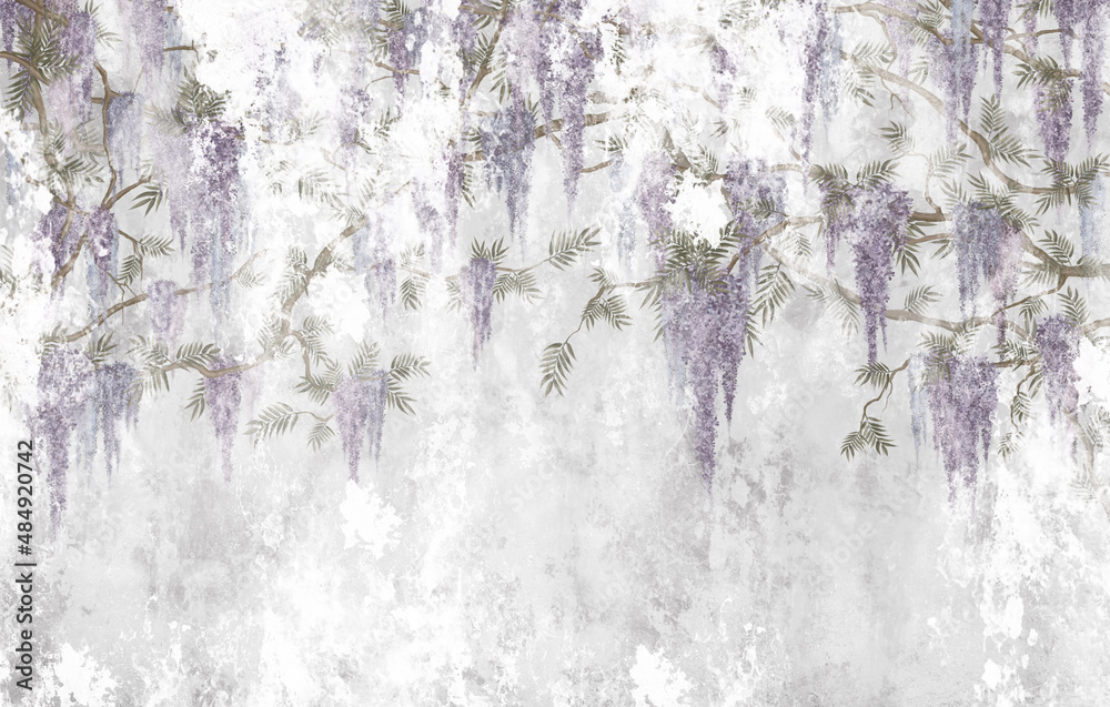 decorative flowers that hang from branches on a textured wall, photo wallpaper in the interior