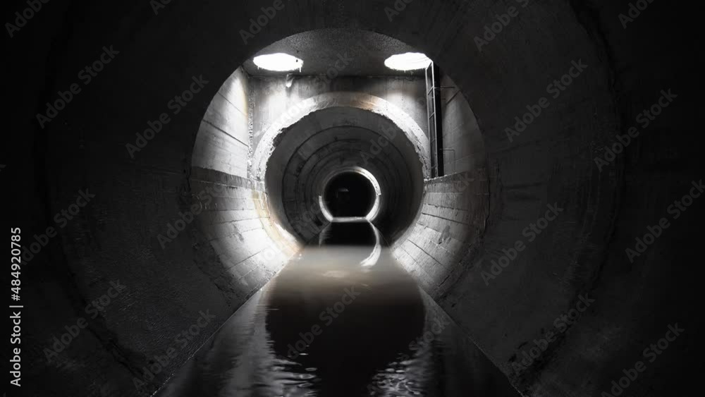 New concrete drainage rainwater collector, in a concrete pipe, inside view.