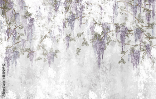 Obraz ozdobne kwiaty zwisające z gałęzi na strukturalnym tle