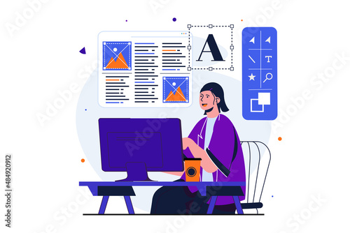 Designer studio modern flat concept for web banner design. Woman works at computer, develops layout and usability of site, works with images and text. Vector illustration with isolated people scene