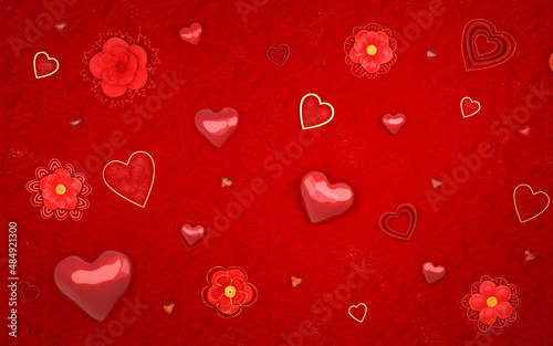 A festive banner for Valentine 's Day with red hearts . 3D Rendering