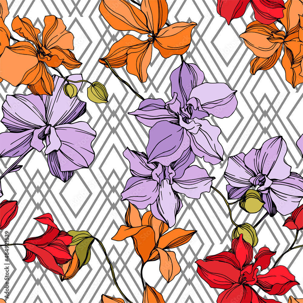 Orchid floral botanical flowers. Black and white engraved ink art. Seamless background pattern. Orchid floral botanical flowers. Black and white engraved ink art. Seamless background pattern.