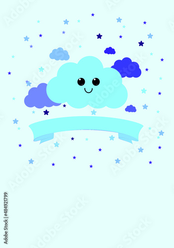 greeting card on a blue background. cloud with a month on a postcard.