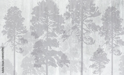 Photo wallpapers for the interior. Wall decor in grunge style. The forest is in a fog. A fresco depicting a forest.