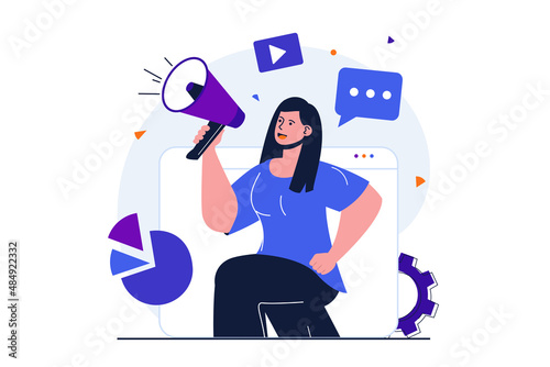 Marketing modern flat concept for web banner design. Woman marketer with megaphone makes promo announcement and advertise business in social media. Vector illustration with isolated people scene