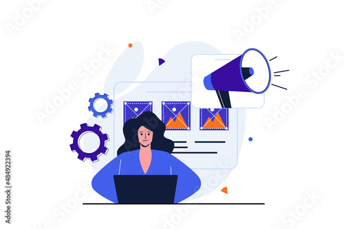 Marketing modern flat concept for web banner design. Woman marketer creates advertising content and makes advertising campaign, promotion and e-commerce. Vector illustration with isolated people scene