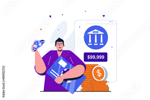 Mobile banking modern flat concept for web banner design. Man using credit card to withdraw cash and online bank account to manage savings in app. Vector illustration with isolated people scene