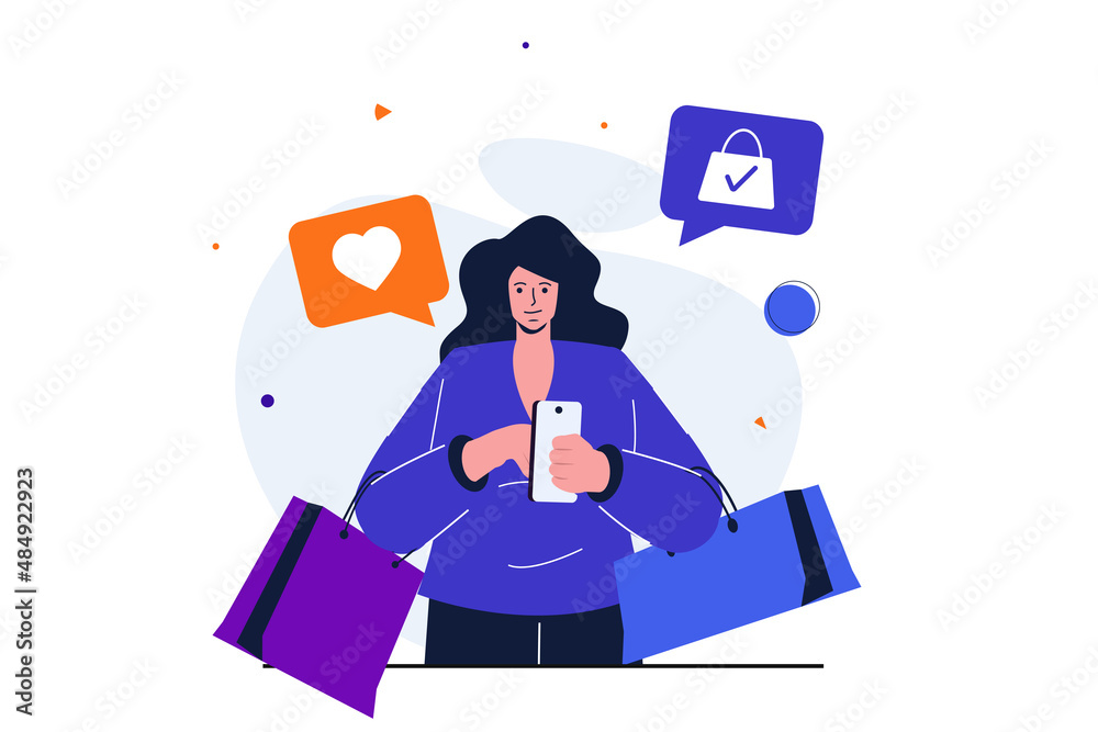 Mobile commerce modern flat concept for web banner design. Woman with shopping bags browses assortment of store using application and makes purchases. Vector illustration with isolated people scene Mobile commerce modern flat concept for web banner design. Woman with shopping bags browses assortment of store using application and makes purchases. Vector illustration with isolated people scene