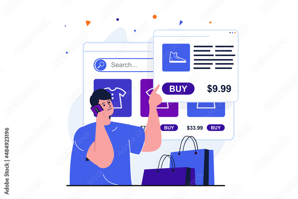Mobile commerce modern flat concept for web banner design. Man chooses goods in online store and calls customer support for consultation and ordering. Vector illustration with isolated people scene Mobile commerce modern flat concept for web banner design. Man chooses goods in online store and calls customer support for consultation and ordering. Vector illustration with isolated people scene