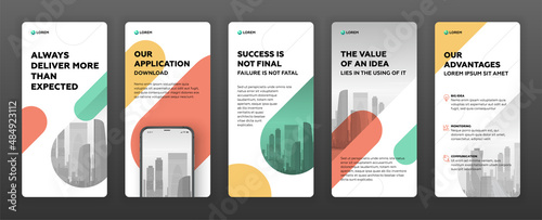 Social media stories templates set with cityscape vector illustration on background. Instagram stories vector layout design. Tiktok template.