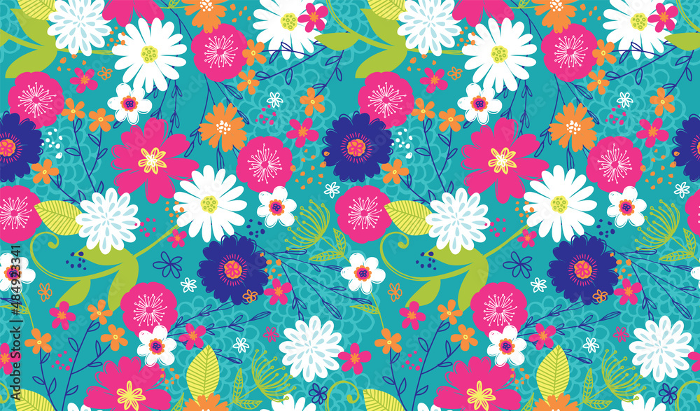 Fun seamless floral pattern in a bright, trendy color scheme. A modern twist on a retro floral print.