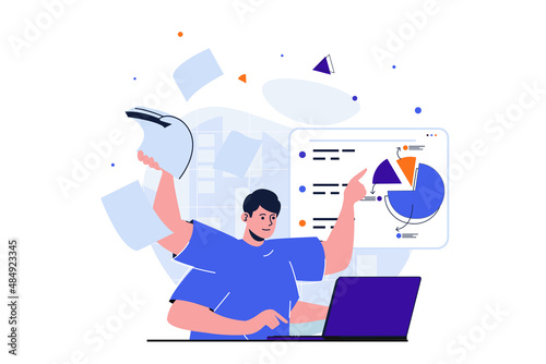 Office work modern flat concept for web banner design. Multitasking employee works on laptop, does paperwork, analyzes data and writes financial report. Vector illustration with isolated people scene