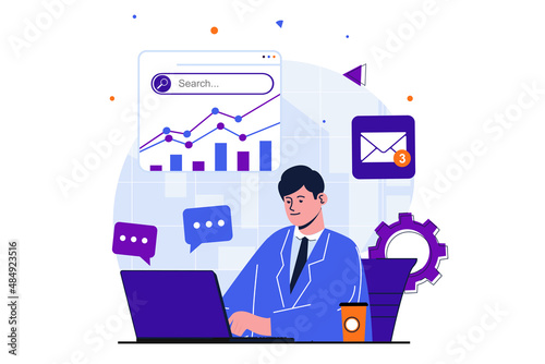 Office work modern flat concept for web banner design. Male employee analyzes financial statistics graphs, writes report and answers incoming emails. Vector illustration with isolated people scene