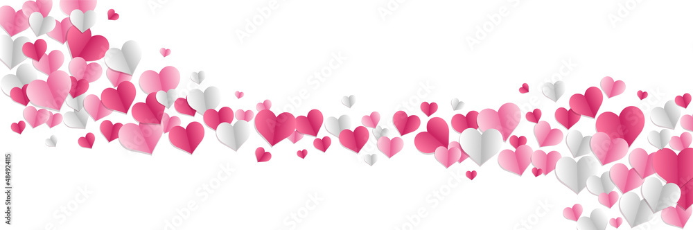 Valentine's day concept background. Vector illustration. 3d white and pink paper cut hearts frame or border. Cute love sale banner or greeting card for wedding, love, valentine's day background.