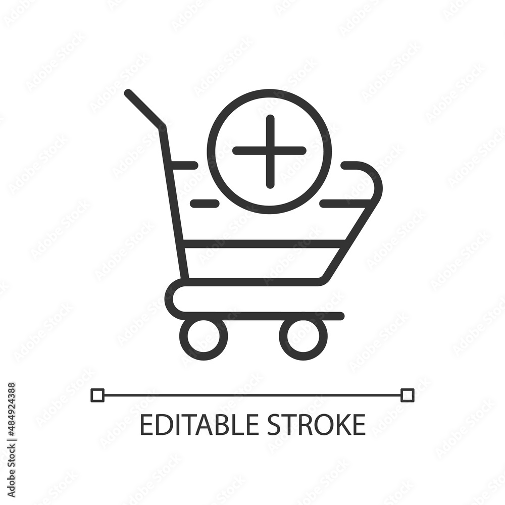 Shopping cart pixel perfect linear icon. Selected items in basket. Website interface. Online shopping. Thin line illustration. Contour symbol. Vector outline drawing. Editable stroke. Arial font used