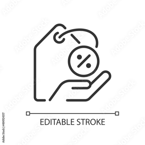 Discounts pixel perfect linear icon. Price deduction. Special offer for customers. Online shopping. Thin line illustration. Contour symbol. Vector outline drawing. Editable stroke. Arial font used
