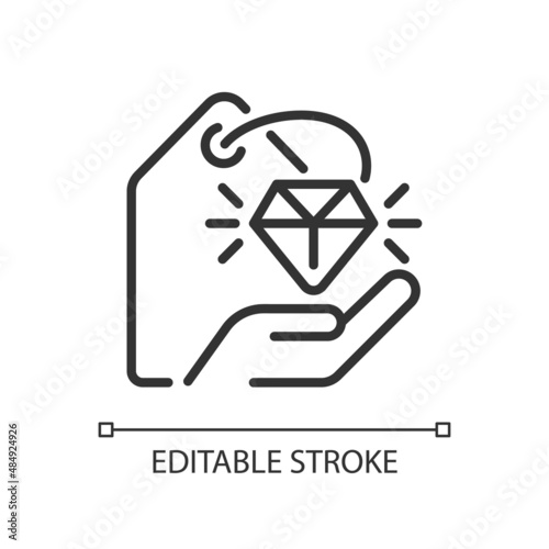 Premium goods pixel perfect linear icon. Luxurious and rare products. Expensive purchase. Online shop. Thin line illustration. Contour symbol. Vector outline drawing. Editable stroke. Arial font used