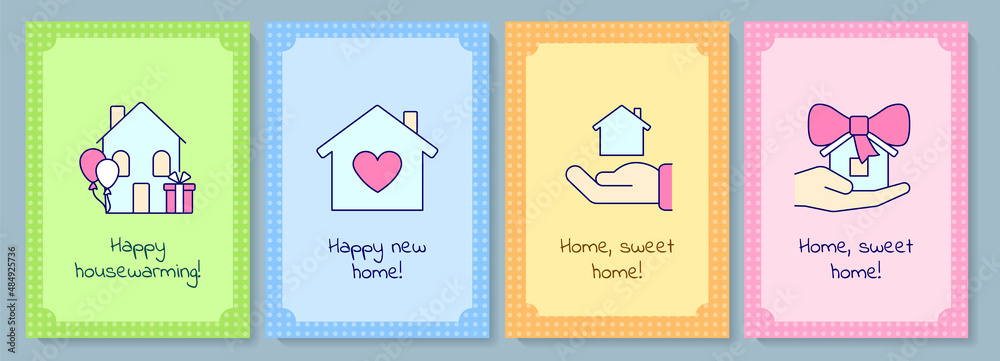 Wishing happy housewarming greeting card with color icon element set. New place to live in. Postcard vector design. Decorative flyer with creative illustration. Notecard with congratulatory message
