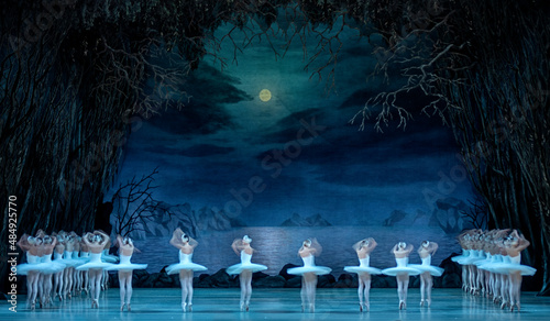 Classical ballet on stage of Theater. Ballet dancers on stage dance classical works. Form of artistic ball dance on stage of theater.