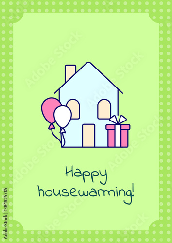 Happy housewarming greeting card with color icon element set. Congrats on moving. Postcard vector design. Decorative flyer with creative illustration. Notecard with congratulatory message on green