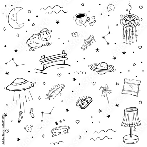 Space dream collection with planets, unidentified flying object, sleep accessories animal slippers, pillow and pajama. Time of sleep and relax, Coloring Bundle Cozy set