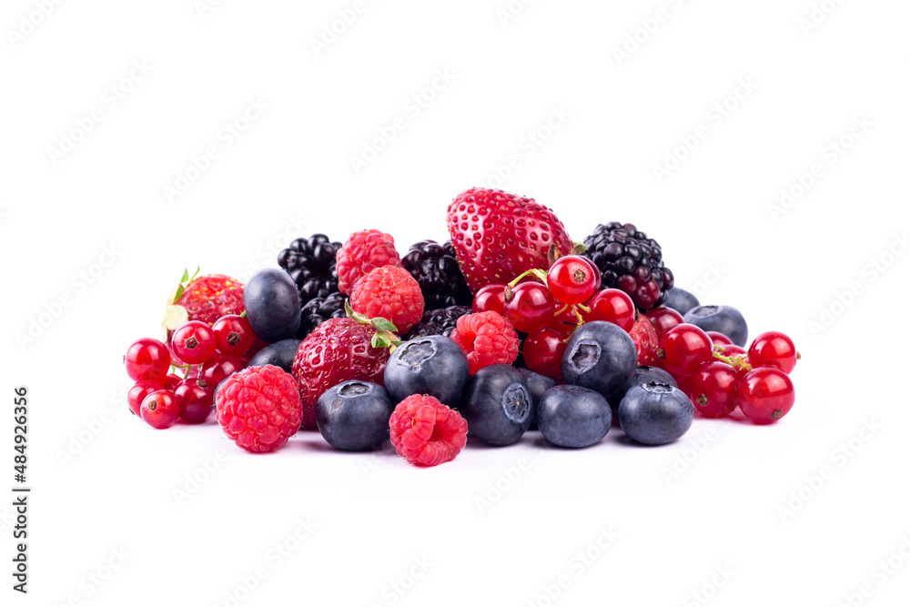 Ripe berries mixed assortment on white background. Summer berries sweet background. Ripe berries mixed assortment on white background. Summer berries sweet background.