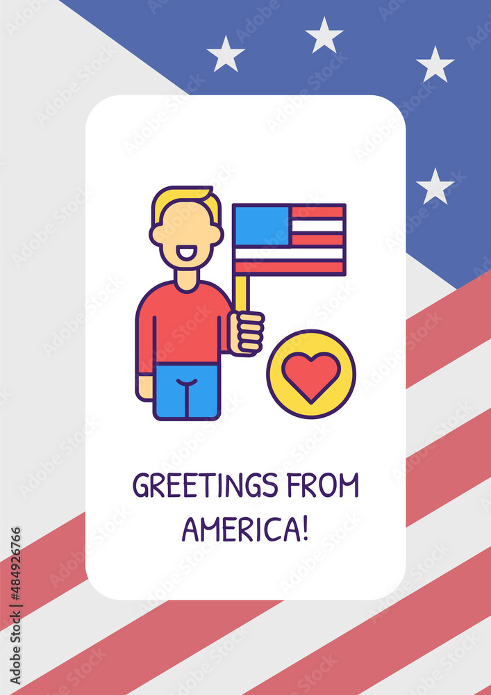 With love from America greeting card with color icon element. National flag. Postcard vector design. Decorative flyer with creative illustration. Notecard with congratulatory message With love from America greeting card with color icon element. National flag. Postcard vector design. Decorative flyer with creative illustration. Notecard with congratulatory message