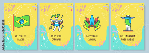 Brazil greeting card with color icon element set. Sending love from abroad. Postcard vector design. Decorative flyer with creative illustration. Notecard with congratulatory message on yellow