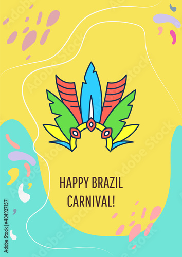 Happy Brazil carnival greeting card with color icon element. Travel card. Postcard vector design. Decorative flyer with creative illustration. Notecard with congratulatory message on yellow