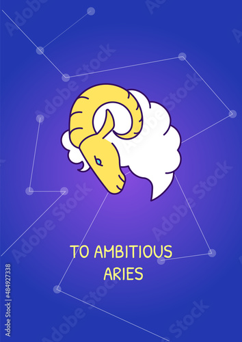 To ambitious aries greeting aries card with color icon element. Zodiac sign. Postcard vector design. Decorative flyer with creative illustration. Notecard with congratulatory message on blue