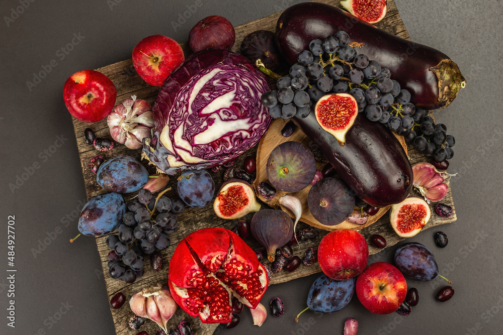 Blue, red and purple food. Culinary background of fruits and vegetables