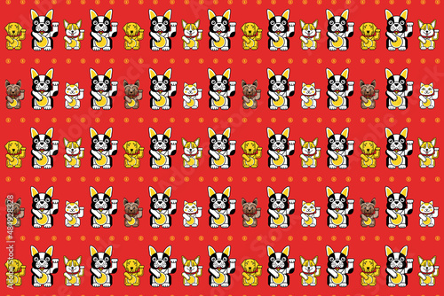 Lucky cat with bulldog bring good luck pattern