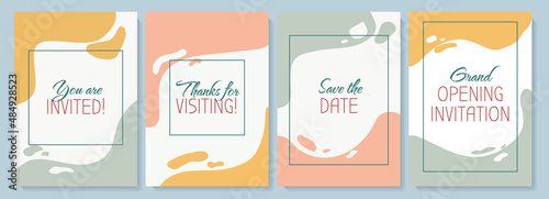 Invitations greeting card with color icon element set. Invite to formal occasion. Postcard vector design. Decorative flyer with creative illustration. Notecard with congratulatory message