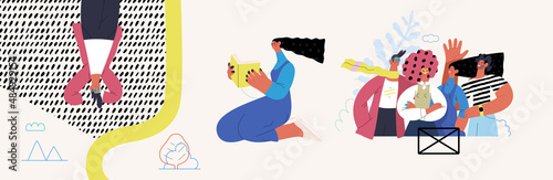 Startup illustrations set. Flat line vector modern concept illustration of people, startup metaphor. Concept of building new business, planning, strategy, teamwork and management. Company processes