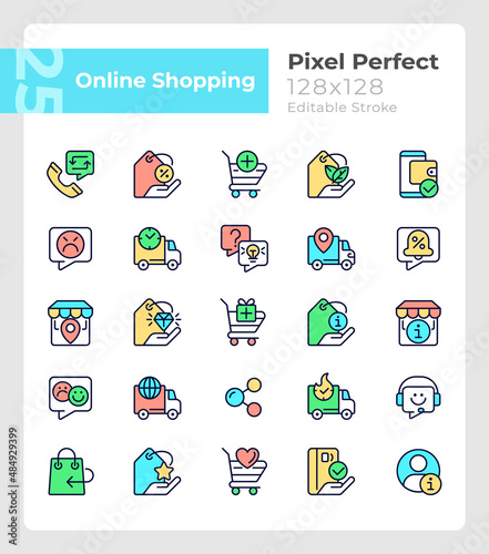 Online shopping pixel perfect RGB color icons set. Electronic commerce. Isolated vector illustrations. Simple filled line drawings collection. Editable stroke. Quicksand-Light font used