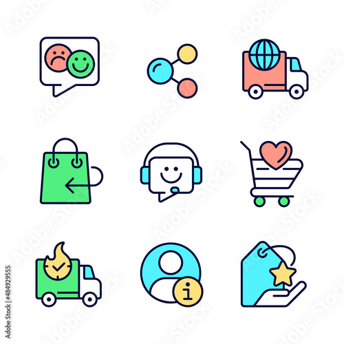 Online shopping assistance pixel perfect RGB color icons set. Customer and client service. Help desk. Isolated vector illustrations. Simple filled line drawings collection. Editable stroke