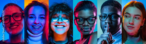 Set of closeup portraits of young excited multiethnic people on multicolored background in neon. Concept of human emotions, facial expression, sales.