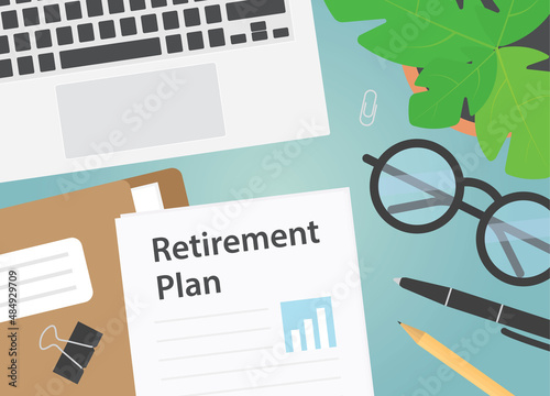 documents with retirement plan, flat lay desk composition- vector illustration