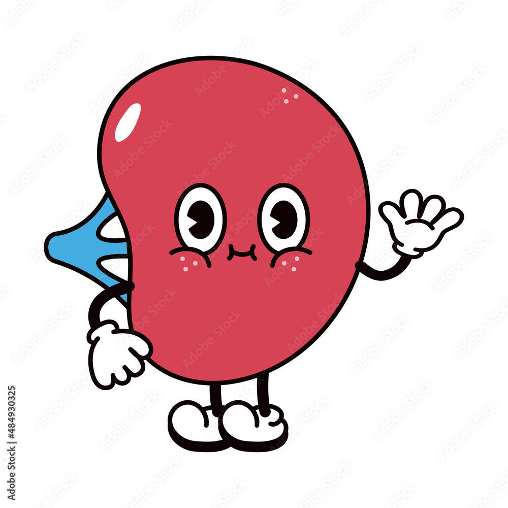 Cute funny spleen waving hand character. Vector hand drawn traditional cartoon vintage, retro, kawaii character illustration icon. Isolated on white background. Spleen character concept Cute funny spleen waving hand character. Vector hand drawn traditional cartoon vintage, retro, kawaii character illustration icon. Isolated on white background. Spleen character concept