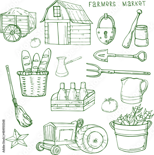 vector illustration of household items farm,products,tools,tractor,barn,wagon with hay,for decor or design