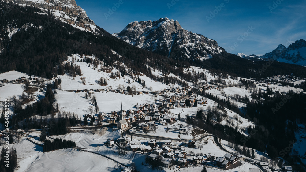 Dolomites - Beautiful panoramic sunset landscape Stunning airial view on the top Dolomiti Alps Mountains from drone on summer day, Italy, south Tyrol Europe