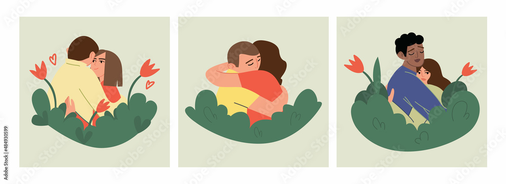 Couple in love hugs. Strong embrace of two partners. Cartoon characters on the background of the heart. Hand-drawn vector illustration. Design for Valentine's Day.  All elements are isolated.