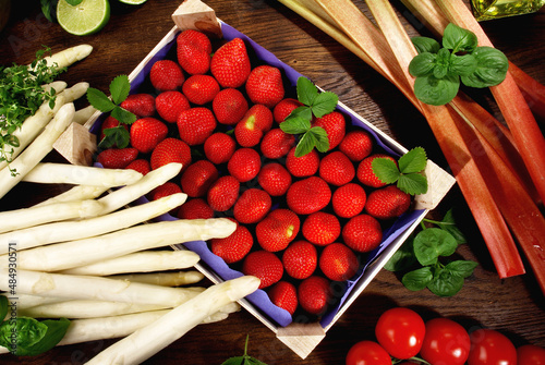 White Asparagus with Strawberries in a Box, Limes, Tomatoes and Rhubarb